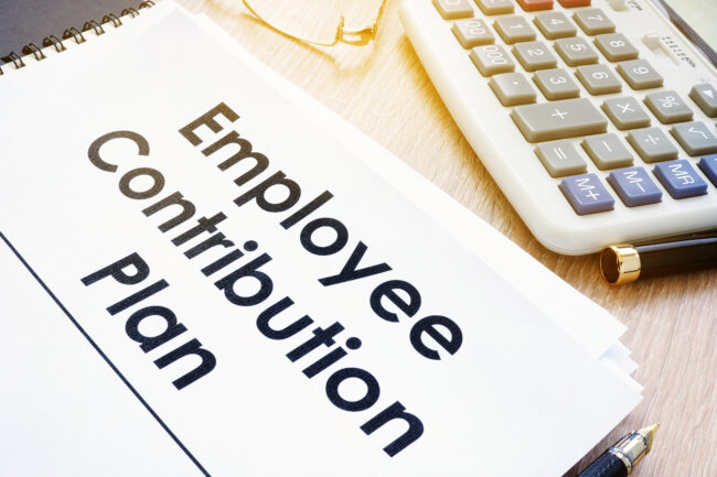Documents with title Employee Contribution Plan on a desk. 2023 Payroll Contribution Limits for Company Retirement Plans