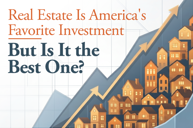 Real-Estate-Is-Americas-Favorite-Investment Real Estate Is America's Favorite Investment title graphic with an arrow pointing up on a blue background.