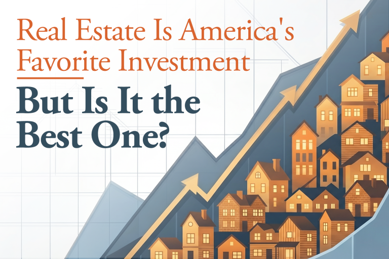 Real Estate Is America's Favorite Investment title graphic with an arrow pointing up on a blue background.