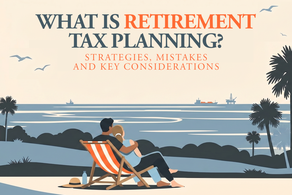 Retirement tax planning guide graphic featuring a couple walking on a beach at sunset.