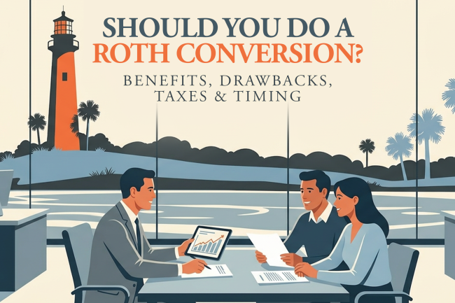 Core_Wealth_Management_Jupiter_Florida_Should_You_do_a_roth_conversion Decorative graphic titled 'Should You Do a Roth Conversion? Benefits, Drawbacks, Taxes & Timing' featuring an illustration of a person working at a desk with financial charts.