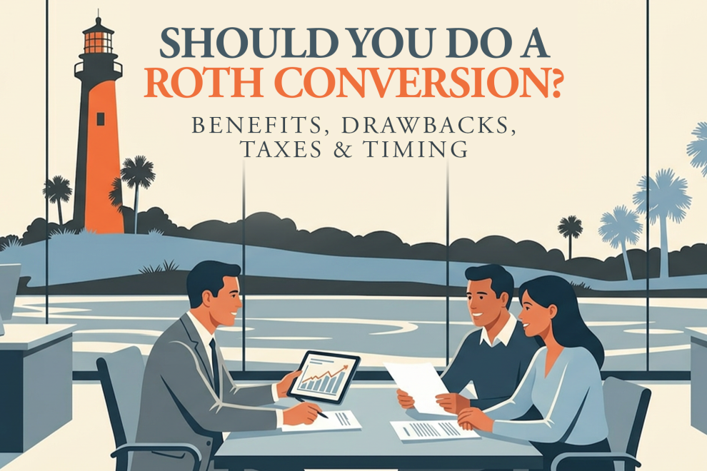 Core_Wealth_Management_Jupiter_Florida_Should_You_do_a_roth_conversion Decorative graphic titled 'Should You Do a Roth Conversion? Benefits, Drawbacks, Taxes & Timing' featuring an illustration of a person working at a desk with financial charts.